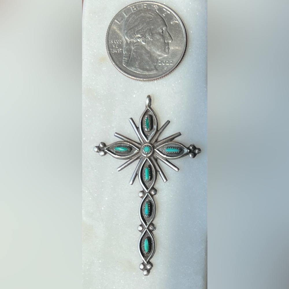 Needlepoint Turquoise Starburst Cross Crucifix Pendant